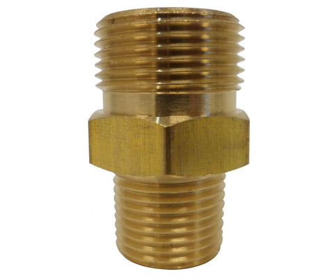 Brass high-pressure adapter with M22 male thread on one end and 3/8-inch NPT male thread on the other; hex center body.