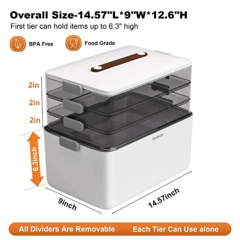 Four Tier Portable Medicine Storage Box Organizer With Handle, transparent stackable layers, white base, dimensions labeled