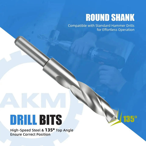 Silver round shank drill bit with 135° angle design, compatible with hammer drills, on blue background showing usage in action.