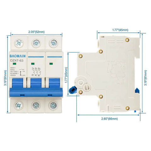 Three Pole 3 Amp DZ47-63 C3 Miniature Circuit Breaker For DIN Rail Mount 400V AC Distribution Panels, front and side view
