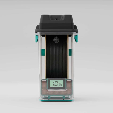 PolyDryer Box 3D Printing Filament Storage And Continuous Sealing System with visible humidity reading, front view