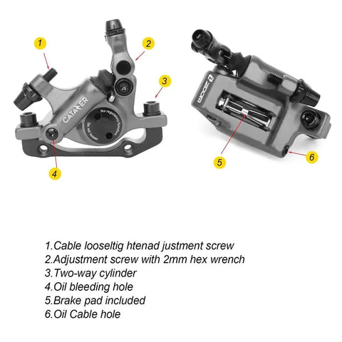 Catazer MTB Road HB-100 hydraulic disc brake caliper, black, front and rear views