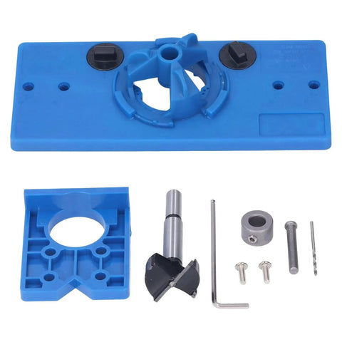 35mm Hinge Hole Saw Jig Drill Guide Set For Woodworking And Door Hardware Installations Adjustable Depth Stop From 15mm To 45mm ABS Plastic Locator Guide For DIYers And Pros Precise Punching And Boring Blue.