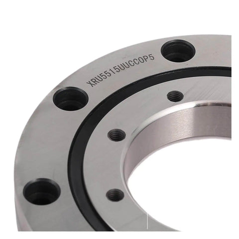 Close-up of a steel crossed roller bearing for slewing and robot joints, compatible with RU28 and XRU1008UUCC0P5, showing multiple holes.