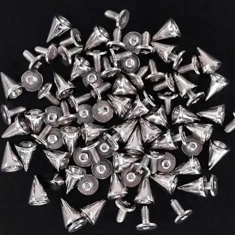 10 Screwback Studs 7x14mm Round Cone Spikes Zinc Alloy Rivets For Clothes Shoes, silver finish on black background