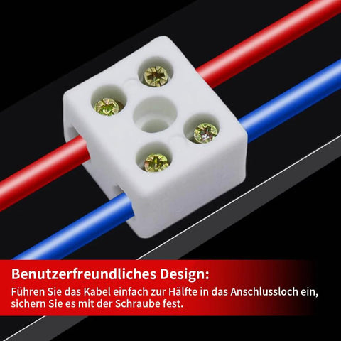 White ceramic four-position terminal block with screw terminals for red and blue wires.