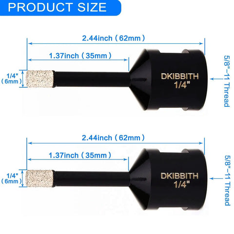 Quarter Inch Dry Diamond Core Drill Bits Set 2-Piece 6mm Diameter 5/8-11 Thread for Angle Grinders and Wet Polishers
