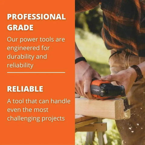 Person using a professional grade power tool on wood, highlighting durability and reliability, outdoors.