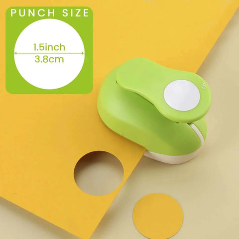 Green 1.5 Inch Circle Punch With Lever Handle for clean even circles in scrapbooking and DIY projects on yellow paper