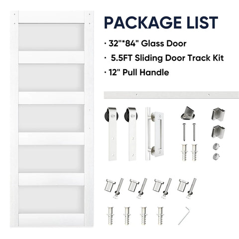 32In X 84In Frosted Glass Barn Door With 5 Panel Solid Wood Construction Waterproof PVC Surface And Scratch Resistant Finish Pre Drilled For Easy Assembly Includes Brushed Nickel Sliding Door Hardware And Handle White, shown with hardware kit