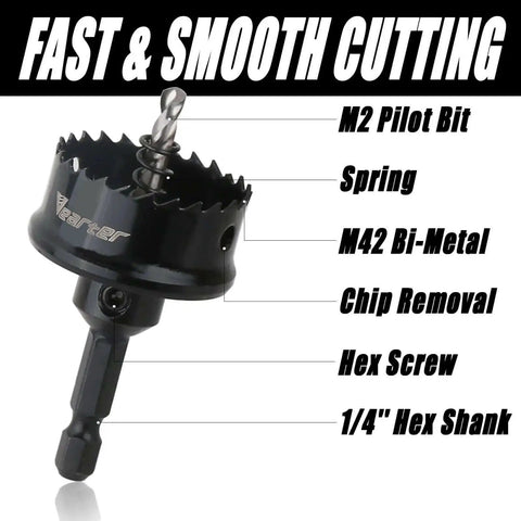 Beefy Bi-Metal Hole Saw Kit 3-Piece Set 7/8 To 1-3/8 Inch M42 Cobalt Teeth With Arbors, showcasing pilot bit and hex shank.