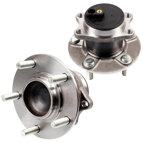Rear Wheel Hub And Bearing Assembly 512394 Direct Fit For Mitsubishi Lancer 2008 2017 And Outlander 2008 2013 Plus Outlander Sport 2011 2012 With ABS Two Piece OE Quality Replacement Ready To Roll, showing front and rear view with lug bolts.
