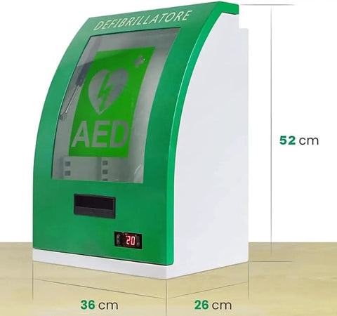 Green AED Defibrillator Storage Cabinet with Alarm and Key Lock, 52x36x26 cm, showing Plexiglass window for quick visibility.