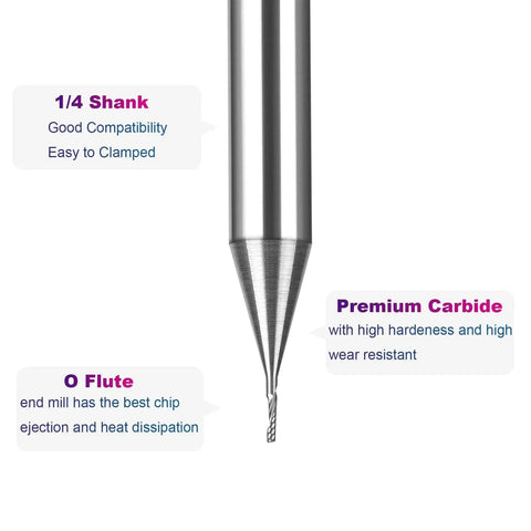 O Flute Spiral Router Bit for CNC, One Quarter Inch Shank, One Thirty Second Inch Cutting Diameter, Upcut Single Flute Carbide End Mill for Aluminum and Acrylic, Smooth Cutting and Easy Chip Clearance, SpeTool Cutter, One and a Half Inch Length.