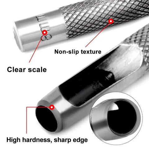 Close-up of 16mm Hollow Hole Punch For Leather Craft Round Carbon Steel Punch Tool With Knurled Handle showing sharp edge and scale.