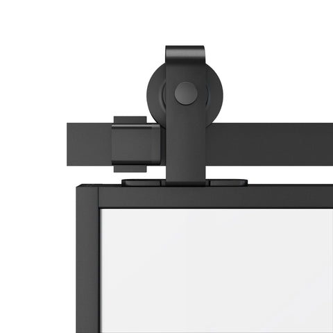 Close-up of top mount hardware on 72 By 84 Inch Double Glass Barn Door With Frosted Glass And Black Aluminum Frame Sliding Door