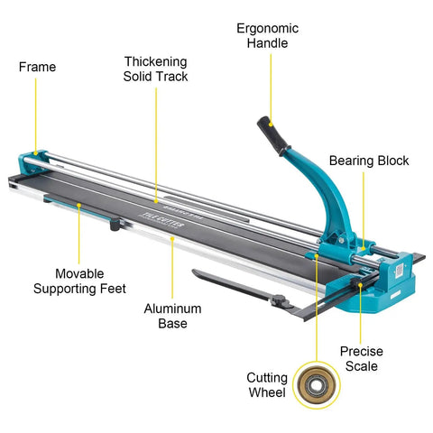 Side view of a 48 Inch Manual Tile Cutter with Laser Guide and Tungsten Wheel for Porcelain and Tile Cutting, all steel frame, shown with labeled parts.