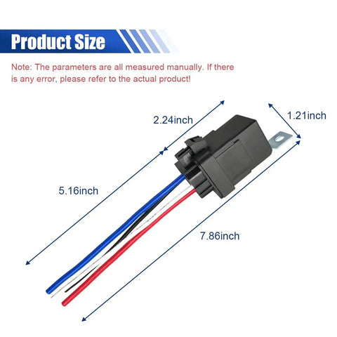 Heavy Duty 4 Pin SPDT Car Relay Kit With Waterproof 12V DC Operation 40A 30A shown with blue, red, black wires and size dimensions.