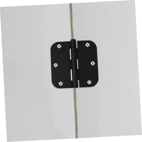 Installed heavy duty iron door hinge with rounded corner design for cabinets and outdoor gates, high load capacity and safe edges.