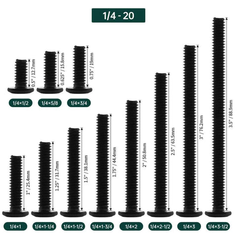 Assorted sizes of 1/4-20 Flat Head Hex Socket Cap Screws displayed on white background, showing 18-8 Stainless Steel 304 and lengths.