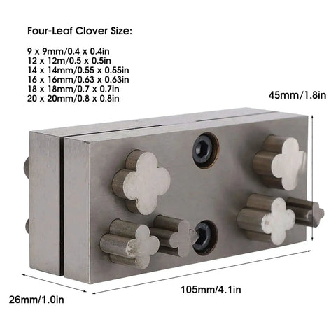 Four Leaf Clover Punch Die Disc Set With Six Steel Hole Punches for Jewelry Making, side view showing punch die sizes