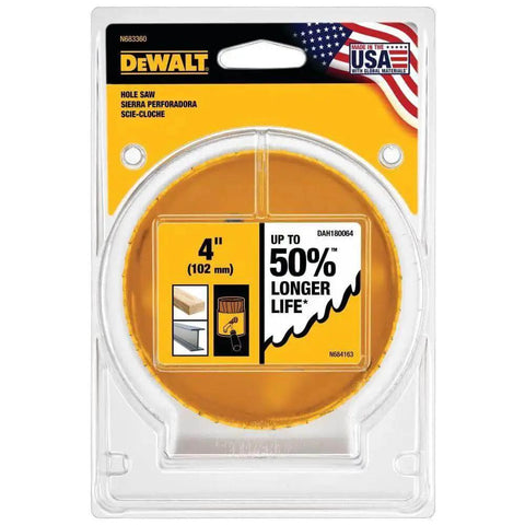 4 Inch Hole Saw With Bi Metal Teeth For Metal And Pipe Cutting 102mm Longer Life Up To 50 Percent Fast Plug Ejection Large Slot Easy Plug Removal And Versatile Drilling Performance DAH180064 By Dewalt in retail packaging, front view.