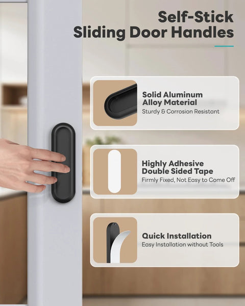 Stick-On 4 Inch Aluminum Drawer Pulls, One-Piece Rust-Proof Push-Pull Knobs For Kitchen Cabinets, Closets, Glass Sliding Barn Doors, Wardrobes, Windows, And Balcony Doors, Black, installed on glass sliding door, highlighting adhesive feature.