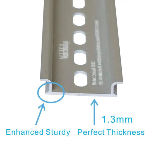 Close-up of Two Piece DIN Rail Slotted Aluminum Alloy Channel with Anodized Finish, highlighting 1.3mm thickness.