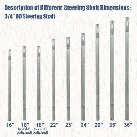 Assorted 3/4 DD steering shafts showcasing different lengths including the 36 Inch Three Quarters DD Steering Shaft For Universal U Joints