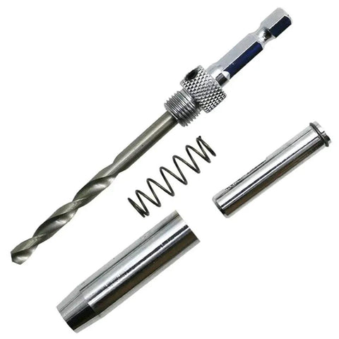 Close-up view of Eight Piece Center Drill Bit Set For Woodworking And Cabinet Doors, Self Centering Hinge Tapper Core Hole Puncher components.