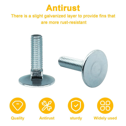 Two zinc-plated elevator bolts with flat heads, 3/8-16 x 1-1/2, rust resistant.