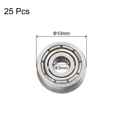 Front view of a 623ZZ deep groove ball bearing showing 3mm bore, 10mm OD, 4mm thickness, part of a pack of 25 for motors and HDDs.