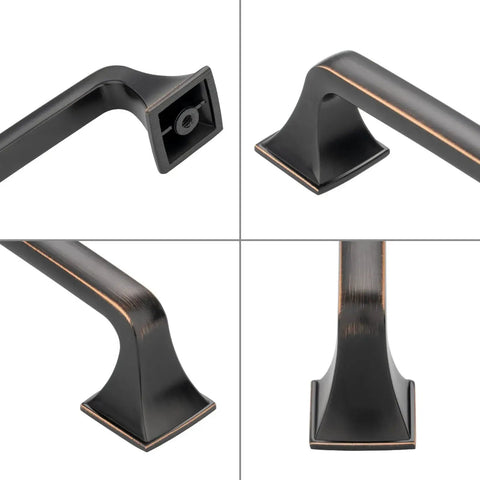 Close-up view of oil rubbed bronze 5 inch cabinet pulls from pack of 10 showing detailed design and solid metal construction.