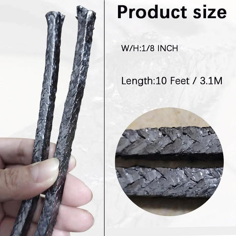 Graphite braided packing, 10 ft length, 1/8 in diameter, flexible for pump valves and mechanical seals