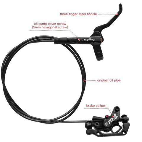 Front view of ZTZ 4-piston MTB hydraulic brake set with left-front 850mm hose and right-rear 1600mm hose, PM/IS adapter, black.