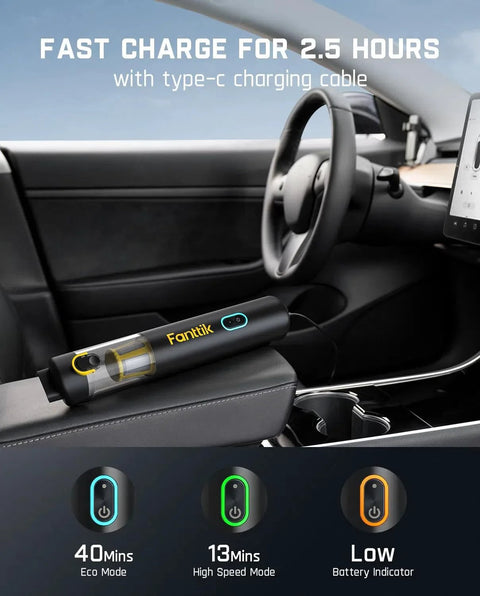 Fanttik Slim V8 APEX car vacuum, black handheld cordless with transparent dust canister and yellow branding