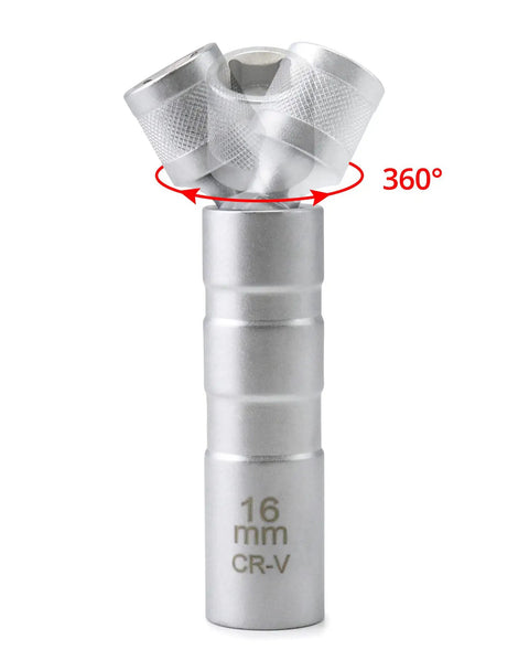 Magnetic Swivel Spark Plug Socket 14mm And 16mm Go To Thin Wall Three Eighths Inch Drive 12 Point Chrome Vanadium Steel 360 Degree Rotation visible from the front with 360° swivel head.