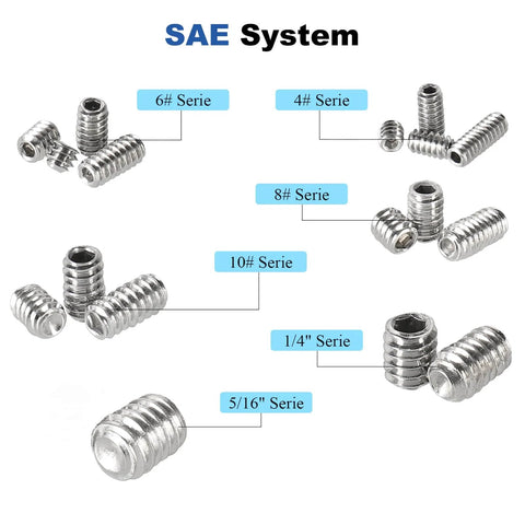 SAE system of 280 Piece Set Screw Kit With 28 Sizes Metric And SAE Allen Grub Screws In 304 Stainless Steel Internal Hex Drive Cup Point