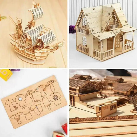 12 Pack Basswood Sheets 12 X 16 X 3mm Thick Unfinished Basswood For Laser Cutting And Engraving Crafts Painting Wood Burning Architectural Models DIY Projects And Easy To Cut For Precise Results showing wood ship model, house model, cut designs, and architectural layout.