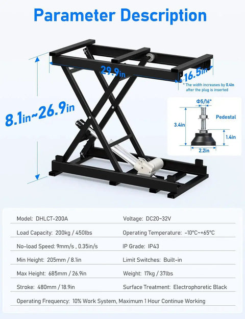 Diagram of Electric Scissor Lift Table 440Lb Height Adjustable With Remote WiFi showing dimensions and specifications.