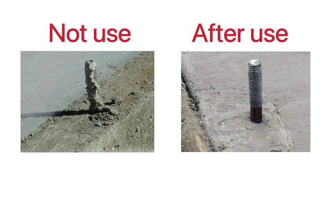 Comparison showing concrete anchor bolt "Not use" without holder and "After use" with Anchor Bolt Holder Five Eighths Inch Handle Saver.