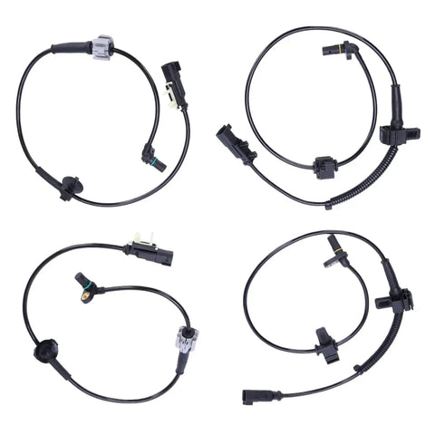 Set of four ABS wheel speed sensors with black cables and connectors for front and rear wheels