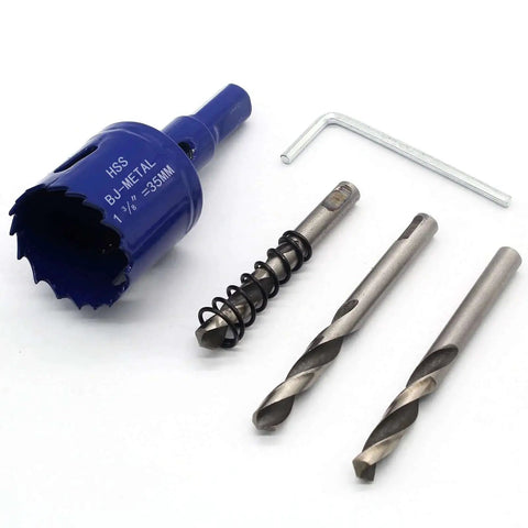 Bi Metal Hole Saw With Arbor One Three Eighths Inch 35mm For Wood Plastic Metal Drywall Fiberboard Smooth Fast Drilling Ideal For Cornhole Boards And DIY Projects Suiwotin with drill bits and L-wrench.