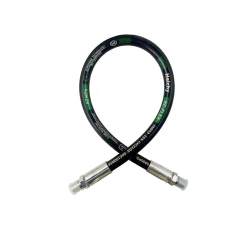 Haichy hydraulic hose, 1/2 in NPT x 1/2 in NPT, 18 in long, black hose with metal crimp fittings.