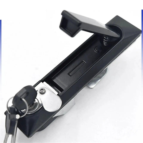 Close-up of a Rod Control Panel Lock With Metal Plating For Electrical Cabinets, showing keys inserted in the lock mechanism, top view.