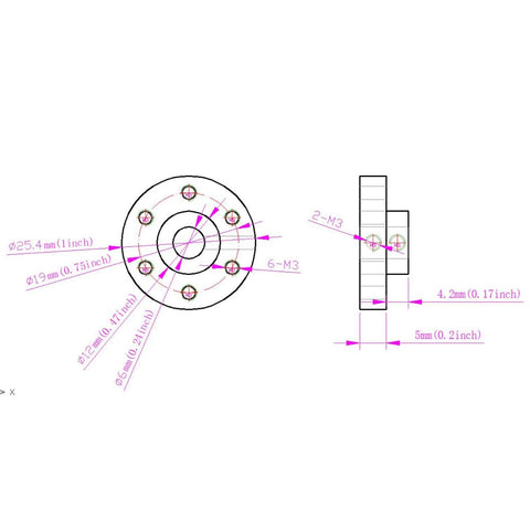 Befenybay 2PCS rigid flange shaft coupling for 6mm shafts with M3 threads, front and side views