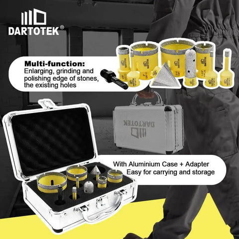 Pro Grade Versatile Diamond Core Drill Bits Set 10 Piece For Porcelain Tile Ceramic Stone And Masonry With Tile Hole Saw Kit SDS Shank Includes 6mm 8mm 20mm 35mm 50mm 65mm Core Bits Plus Chamfer And Enlarger Bits For Precise Holes displayed with carrying case