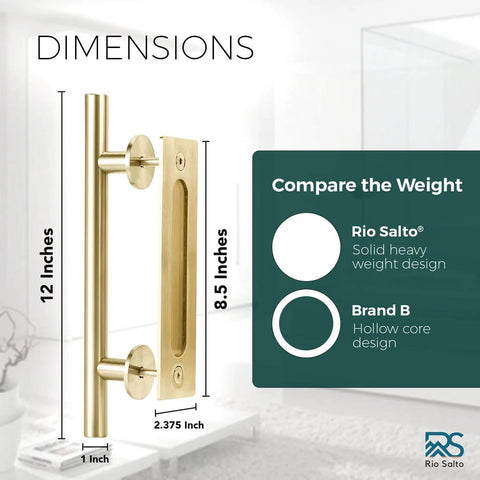 Light Gold Brushed Brass Smooth Sliding Barn Door Hardware Kit dimensions with 12-inch handle and 8.5-inch pull plate.