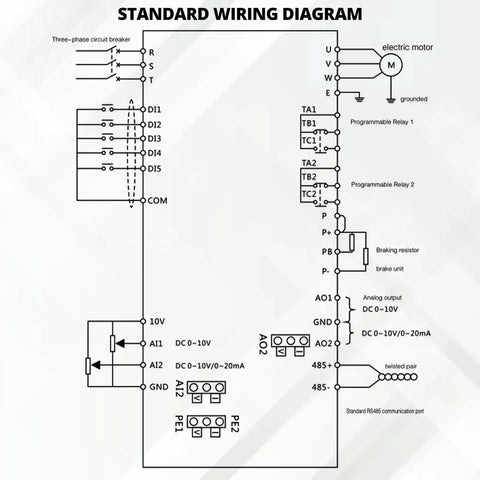 Standard wiring diagram for 3HP 2.2kW 220V VFD Variable Frequency Drive for CNC Spindle and AC Motors Single or Three Phase Input to Three Phase Output Speed Control Converter Pro Grade Smooth RPM