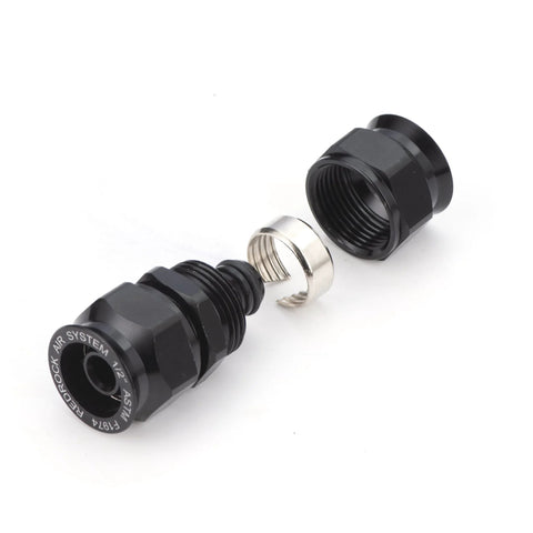 RedRock 3/4 inch union air fitting, black, two-piece with silver retaining clip, disassembled view